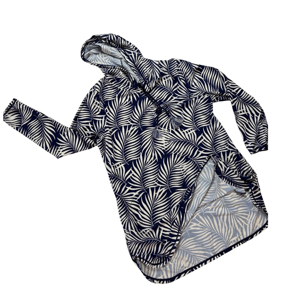 Aqua et Sol Navy Blue White Palm Leaf Hooded Swim Cover Up Tunic Dress XL